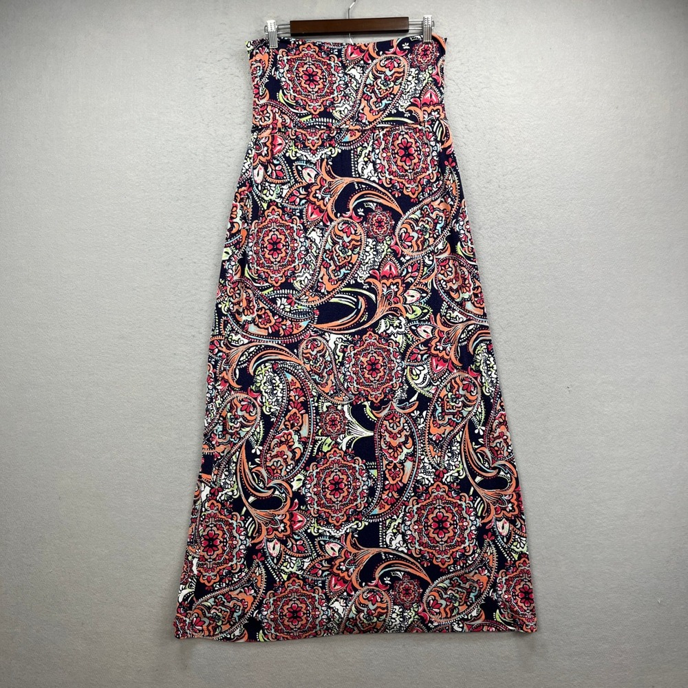 Kenar Maxi Skirt Womens L Red Paisley Foldover Waist Stretch Boho Retro Casual